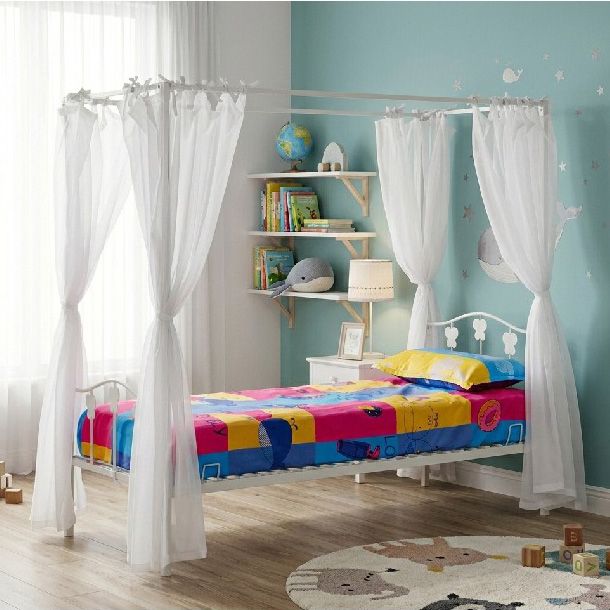 Lyndsey Four Poster Single Metal Bed Frame with Drapes