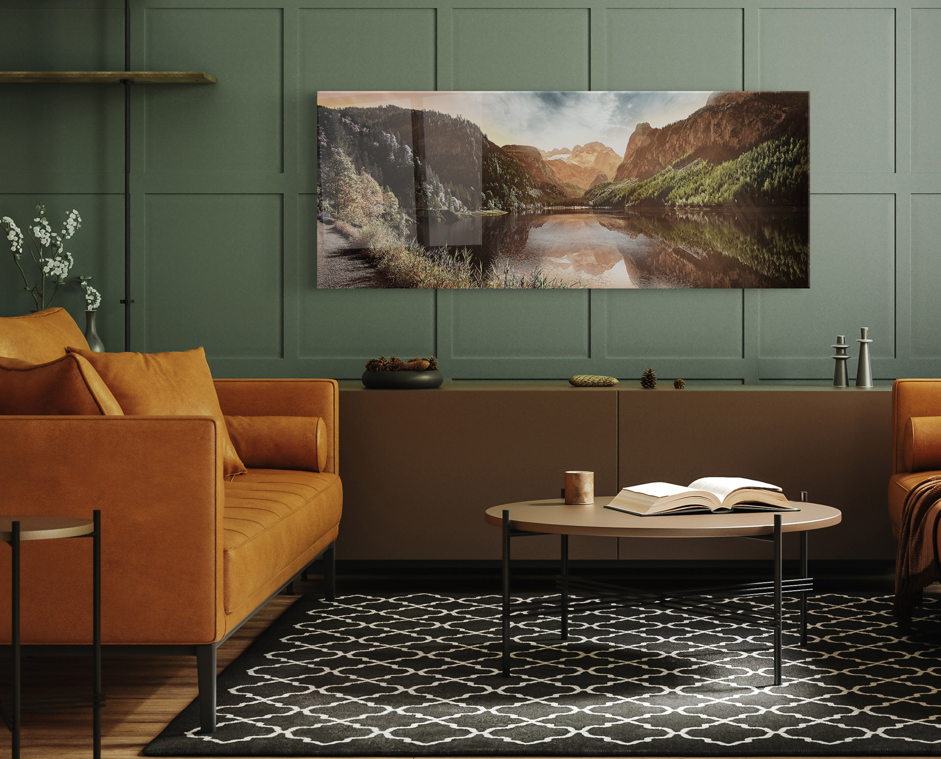 Framed artwork above a living room console