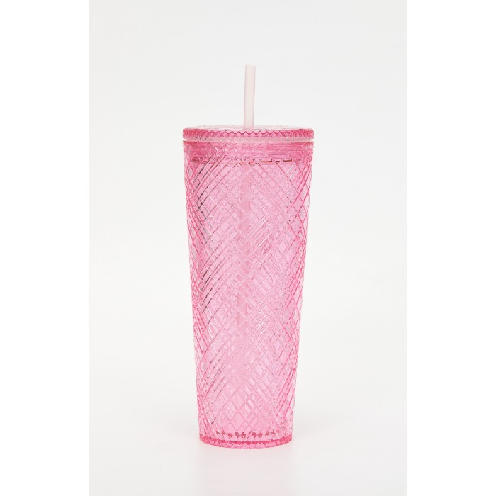 kitchenware/picnicware/mumuso-plaid-plastic-tumbler-with-straw-cherry-blossom-collectionpink740-ml
