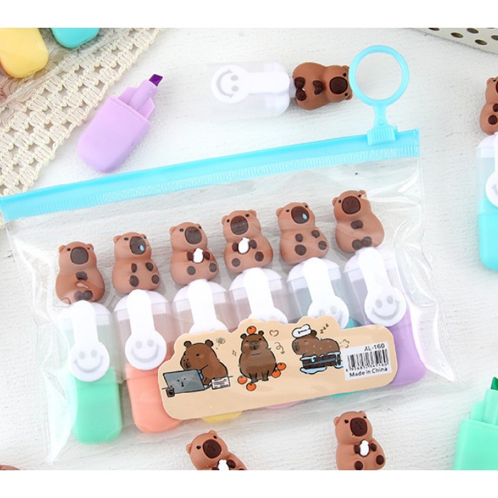 kids-and-stationery/stationery/mumuso-mini-highlighters-set-6-colorscute-capybara