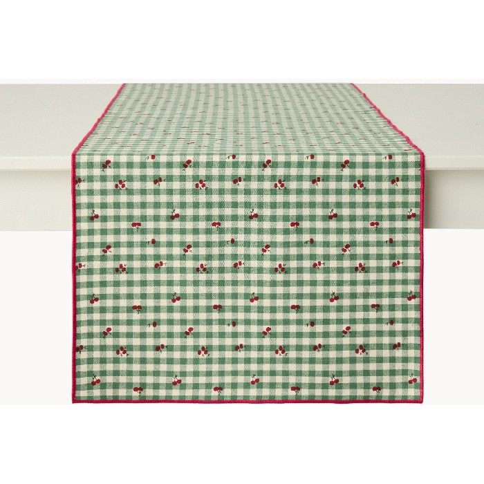 home-textiles/table-cloths-runners/coincasa-pure-cotton-yarn-dyed-gingham-table-runner-with-cherry-print-green