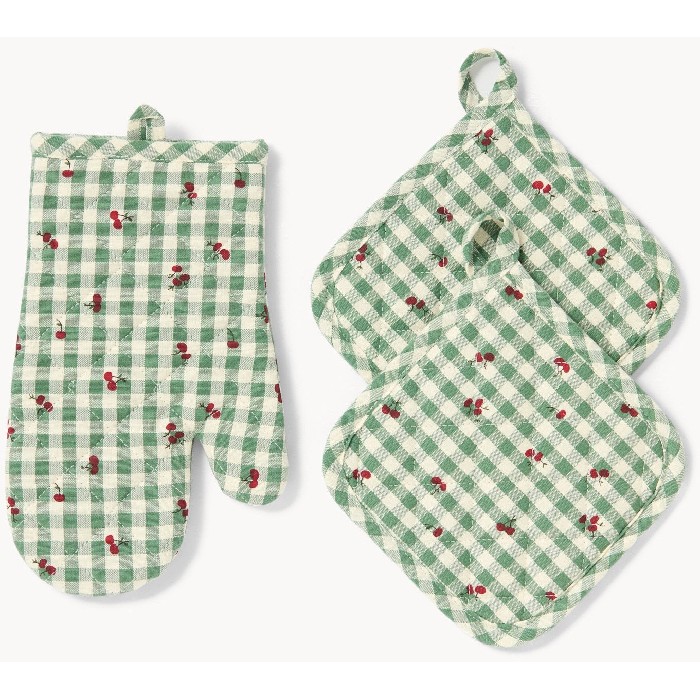 home-textiles/kitchen-textiles/coincasa-set-of-oven-mitt-and-pot-holders-in-pure-cotton-yarn-dyed-gingham-with-cherry-print-green