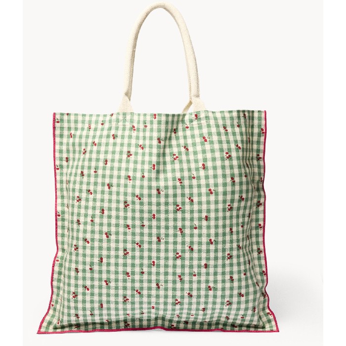 household-goods/shopping-trolleys-bags/coincasa-pure-cotton-gingham-tote-bag-with-cherry-print-green