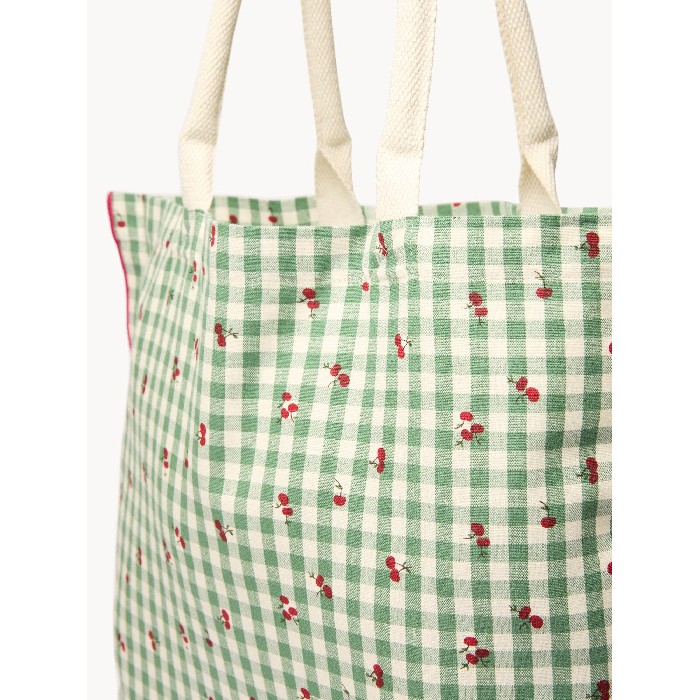 household-goods/shopping-trolleys-bags/coincasa-pure-cotton-gingham-tote-bag-with-cherry-print-green