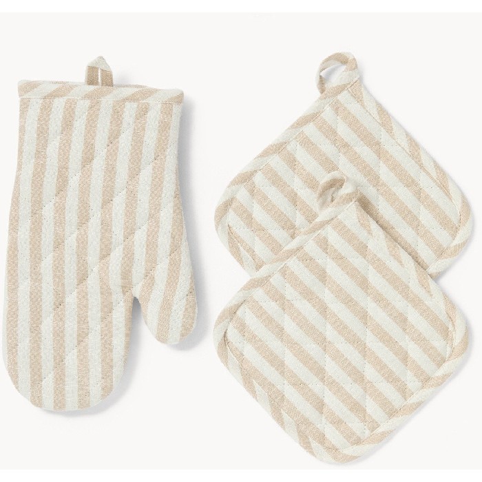 home-textiles/kitchen-textiles/coincasa-set-of-2-striped-yarn-dyed-pure-cotton-oven-mitts-and-pot-holders-beige