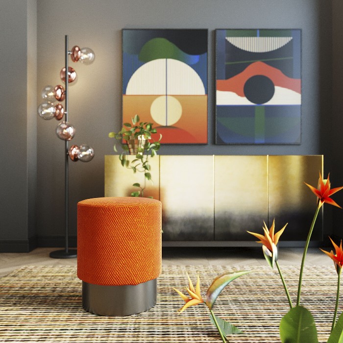living/seating-accents/kare-stool-jody-orange-mesh-black-ø35cm