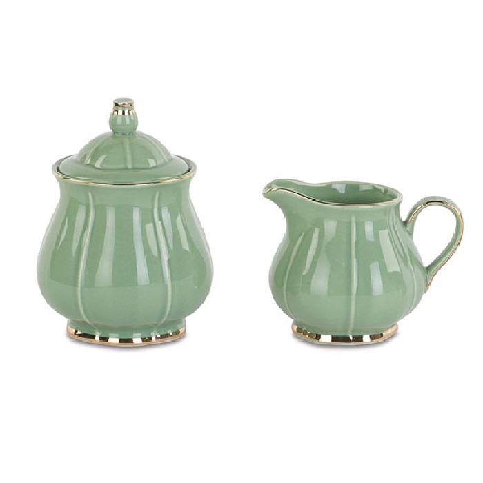 kitchenware/tea-coffee-accessories/decorative-sugar-and-milk-jug-set-green-and-gold-with-saucer-h10cm-h15cm