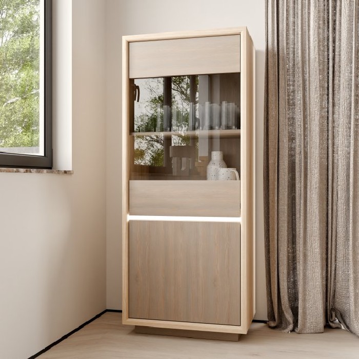 dining/dressers/ficar-vitrine-narrow-with-led-light-finished-in-riva-oak-and-imbiah-pine