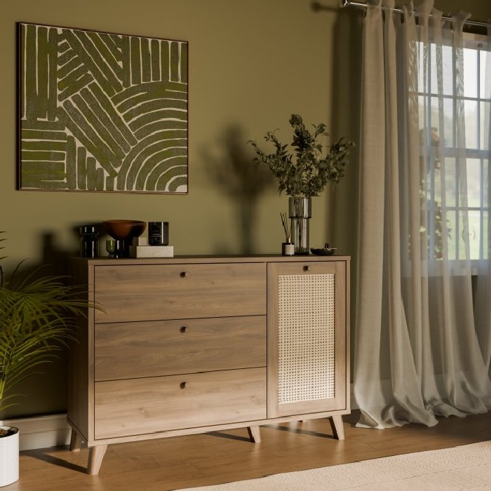 bedrooms/chest-of-drawers/glenkeen-chest-with-3-drawers-and-1-door-finished-in-valencia-oak-with-natural-rattan-inserts