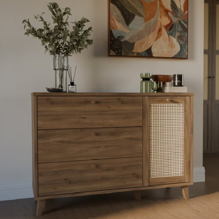 bedrooms/chest-of-drawers/glenkeen-chest-with-3-drawers-and-1-door-finished-in-valencia-oak-with-natural-rattan-inserts