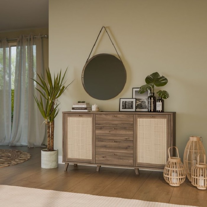 dining/dressers/glenkeen-sideboard-with-2-doors-and-4-drawers-finished-in-valencia-oak-and-natural-rattan