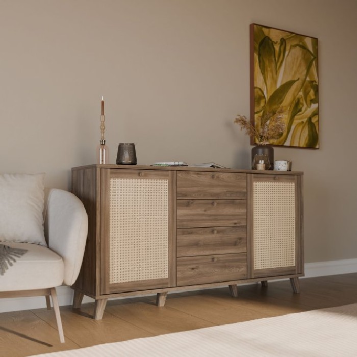 dining/dressers/glenkeen-sideboard-with-2-doors-and-4-drawers-finished-in-valencia-oak-and-natural-rattan