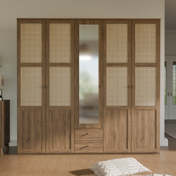 bedrooms/wardrobe-systems/glenkeen-5-door-wardrobe-with-central-mirror-finished-in-valencia-oak-and-natural-rattan
