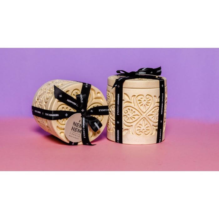 Nemnem Candle Large Cylinder Jar Maltese Heart Tile Greybeigerose