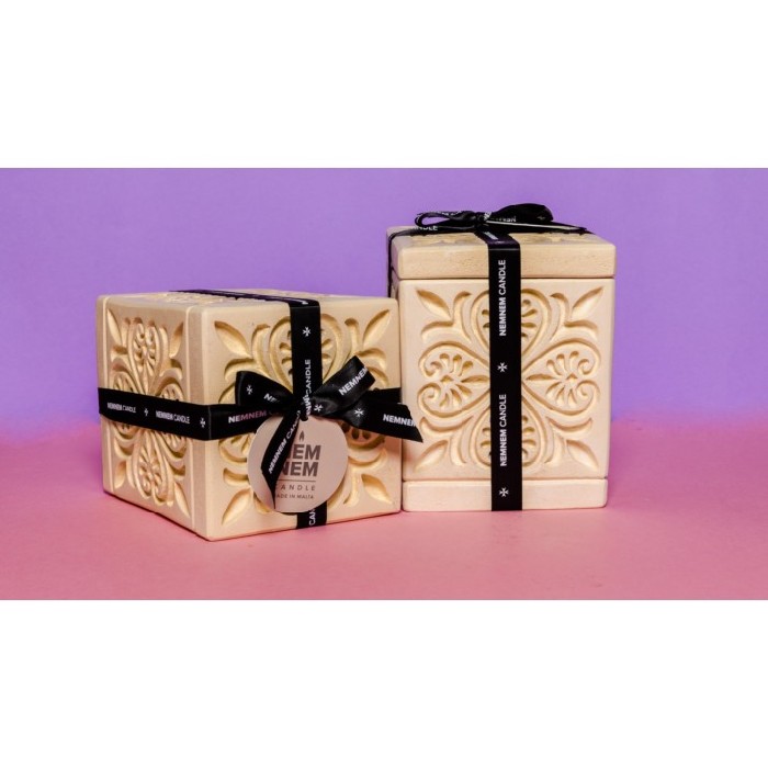 Nemnem Candle Large Cube Jar Maltese Heart Tile Greybeigerose Candles
