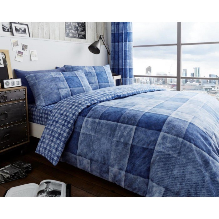 household-goods/bed-linen/printed-duvet-set-denim-check-king-blue