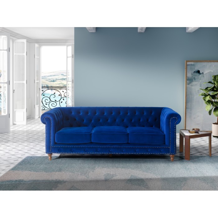 Dupen Chesterfield 3 Seater Sofa In A, Navy Blue Velvet Sofa Fabric