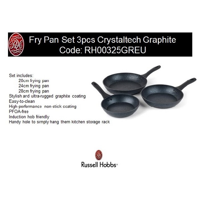 Russell Hobbs Fry Pan Set 3Pc Crystaltech Graphite Pots Lids Pans
